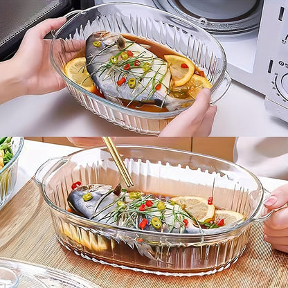 YumiPLUS Oval Glass Casserole Dish with Lid, Double Handles, Vertical Stripes - A Favorite Choice! Dishwasher Safe, Perfect for Hot and Cold Foods, Great for Steaming Fish, Salad, Pasta - Choose from 1800ml (60.8oz) or 2800ml (94.6oz) sizes, By YUMIPLUS