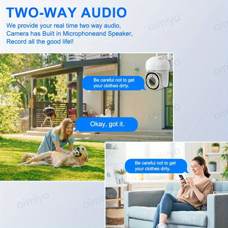 1 piece of 2MP Ultra HD WiFi Security Camera, with 2-Way Audio and Smartphone Compatibility. Features Full Color Day & Night vision, AI Humanoid Motion Detection, Pan-Tilt Tracking, and a 360° Panoramic View. The camera is also IP66 Waterproof, made of