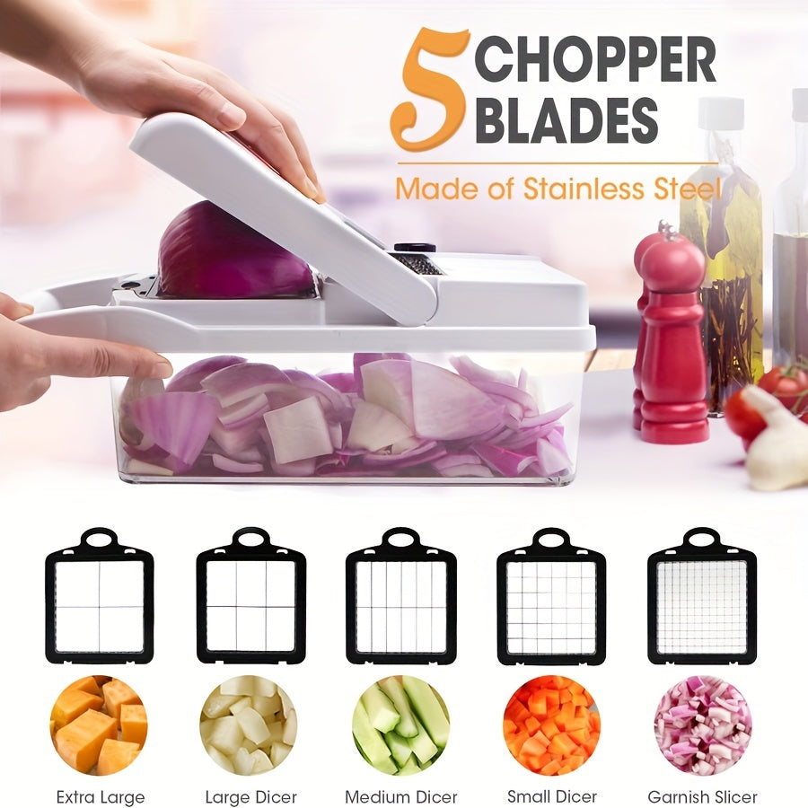 - Kitchen Set includes 1 Vegetable Chopper, 22in1/15in1 Slicer, Manual Food Grater, and Onion Mincer Cutter
- Multifunctional design for slicing fruits and vegetables easily
- Convenient container for collecting sliced vegetables
- Household essential