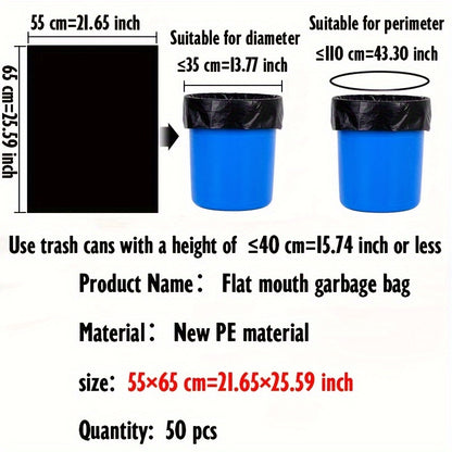 "50 dona 7 gallon va 30 gallon bir martalik axlat qoplari. Bu qalinlashgan qoplar tashqi makon, sanoat, mehmonxona, hovli va boshqa chiqindilar uchun juda mos keladi.