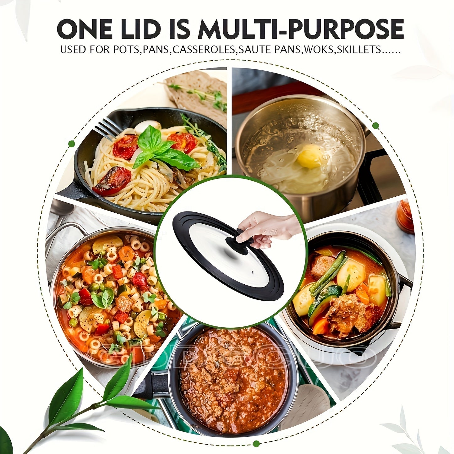 1 piece of a universal pot lid with a diameter of 33.02cm to 38.1cm. This lid is suitable for use with pots, pans, and skillets. It features a unique enlarged heat-resistant silicone rim and is made with tempered glass that is BPA-free.