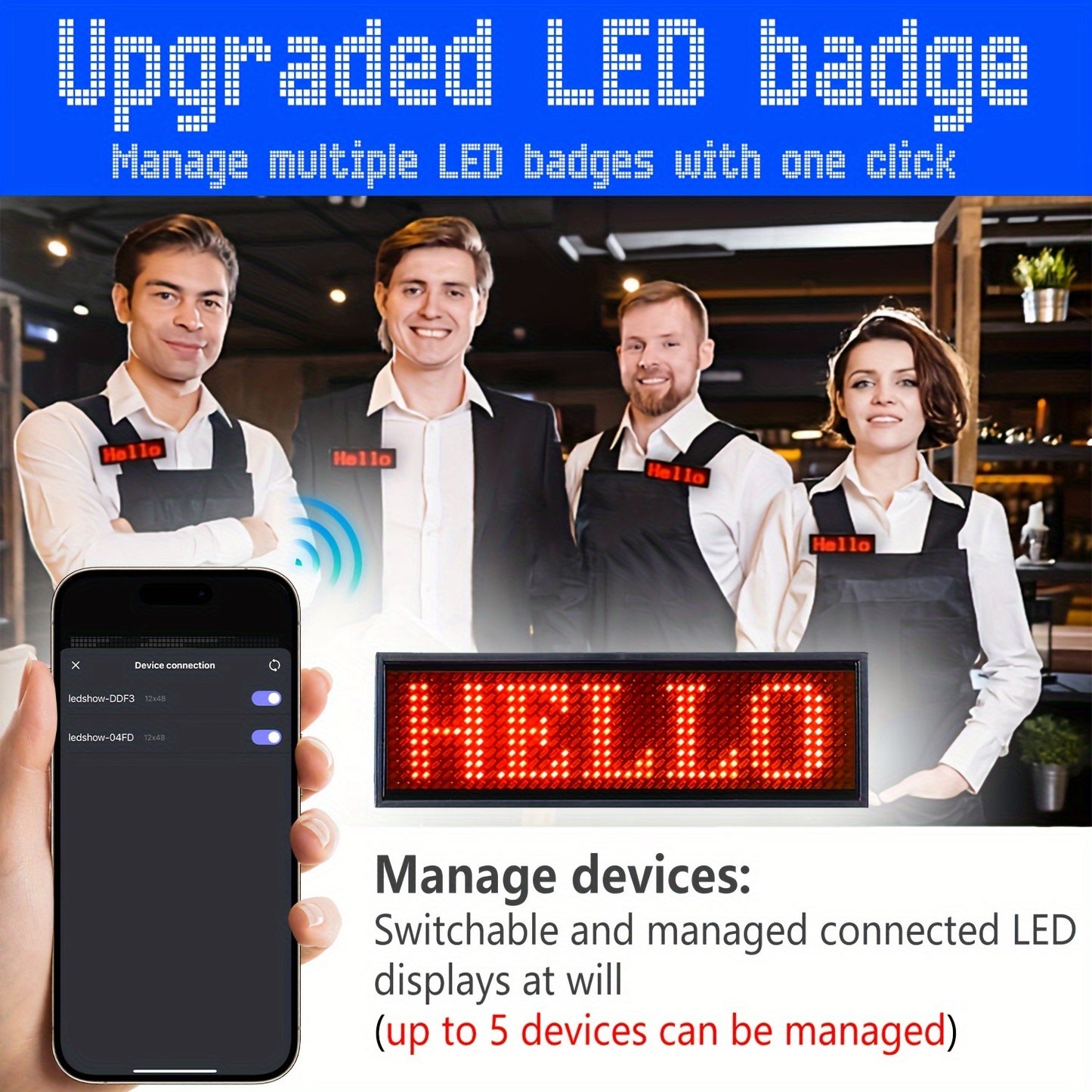 [Top Pick] Rechargeable Wireless LED Badge - 48x12 Pixel Matrix Display, App-Controlled Scrolling Text & Logos, Simple Customization for Events, Restaurants, Nightclubs - Clip & Magnet Included, Multi-Language Support, Suitable for Exhibitions, Hotels