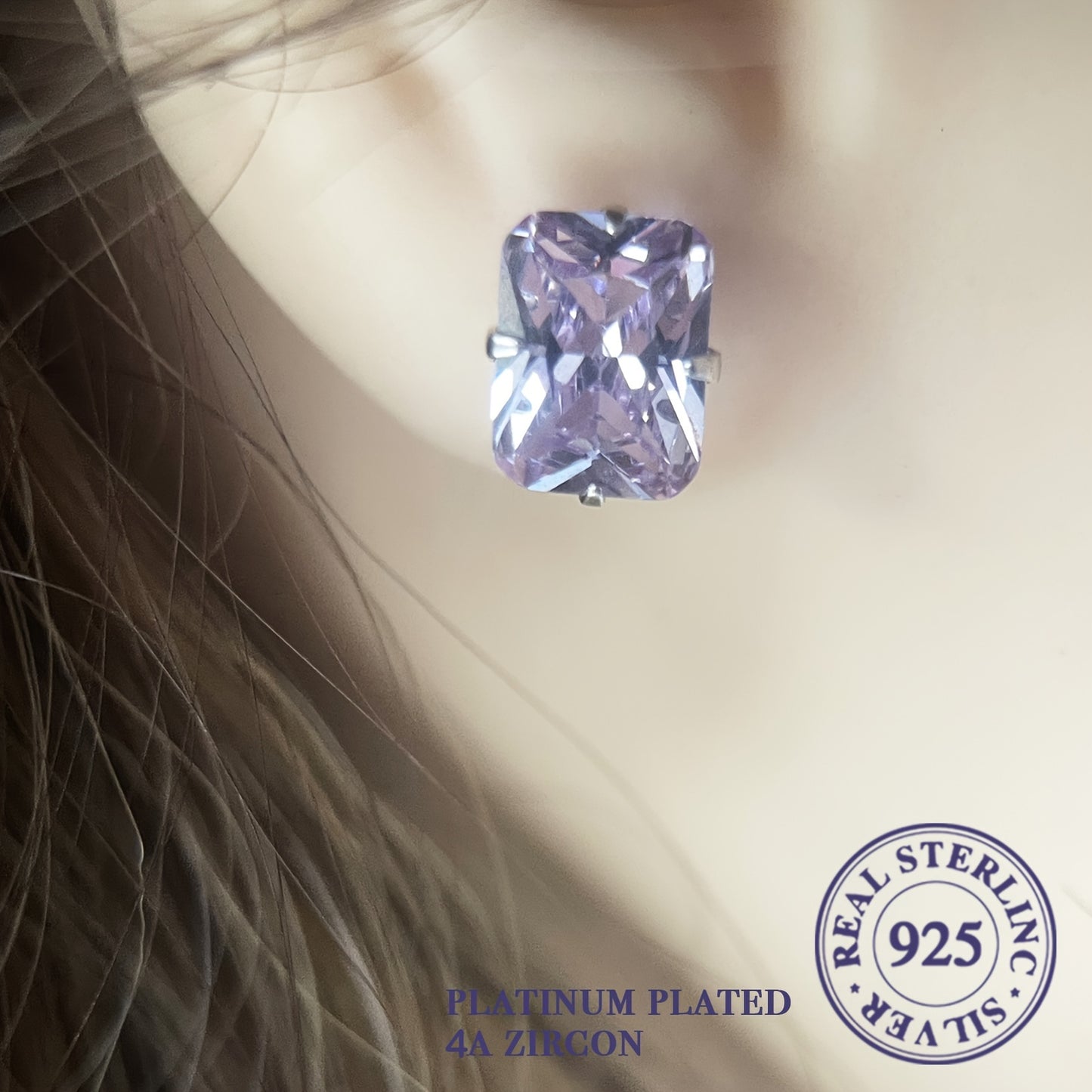 'These refined rectangular stud earrings in 925 sterling silver feature a lovely light purple and blue hue. Versatile for everyday wear and special occasions, they make an ideal Valentine's gift.'