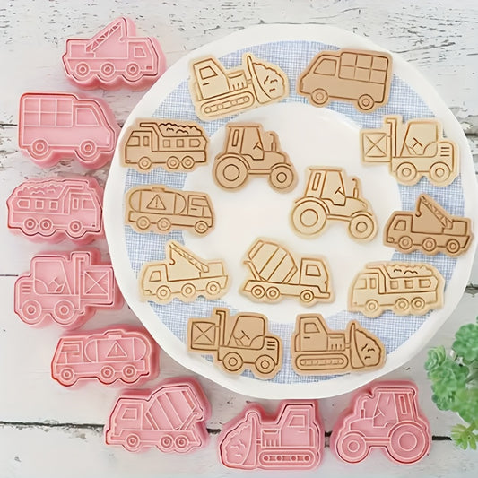 Set of 8 Construction Vehicle Cookie Cutters - Made of Sturdy Pink Plastic for Creative Snacks and Crafts for Kids, Includes Various Truck Shapes for Cookies, Chocolates, and Other Treats, Also Great for Making Candy Molds