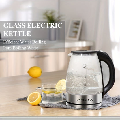 -1 piece of -PANCERKA- Electric Kettle designed for making coffee and tea. It has a 1.8L capacity and operates at 1500W. Made from durable Borosilicate Glass with an easy-to-clean wide opening. Features include an auto shut-off function, cool touch