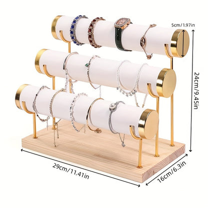 [Любимая вещь покупателей] Стильная трехъярусная подставка для браслетов в элегантном золотистом тоне с деревянной основой — идеально подходит для демонстрации ювелирных изделий, часов и аксессуаров.