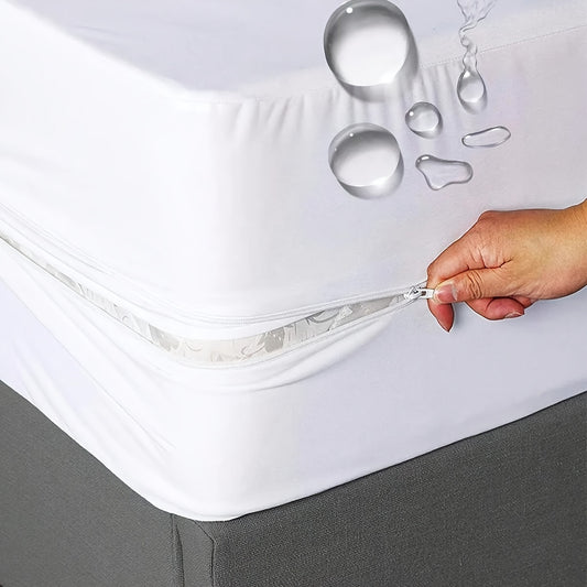 1 piece of fully enclosed waterproof mattress cover with zipper. (No pillowcase included) This dust-proof mattress protector is designed with solid color deep pocket fitted sheet for double bedroom. Available in white or grey.