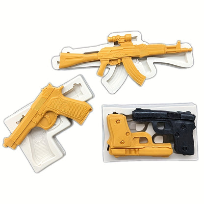 1 piece Gun Bullet Chocolate Mold, 3D Silicone Mold in the shape of a Pistol AK Rifle, ideal for making candy, fondant, and other treats. A must-have for baking enthusiasts, this tool is perfect for creating unique and fun kitchen creations.