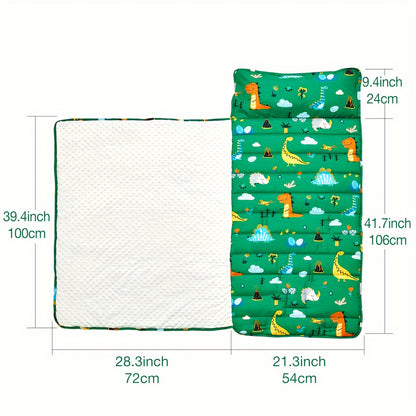 1 dona BEEWEED Dinosaur Print Nap Mat, shu jumladan, yostiq va ko'rpa, polyester uyqu oralab. U yig'iladigan va ko'chma, o'rtacha yumshoq, yuvilmaydi, 3-6 yoshli bolalar uchun bolalar bog'chasi, sayohat, lager uchun mos keladi. Bu idealga aylanadi