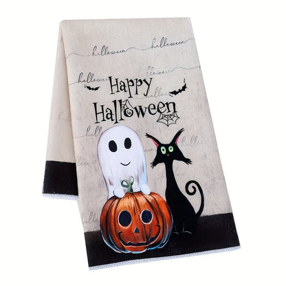 1 piece Halloween kitchen towel made of polyester microfiber that is super absorbent and constructed with non-woven fabric. This machine washable towel features a vintage pumpkin and ghost design, making it perfect for use as a multipurpose dish cloth