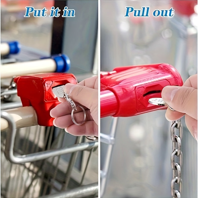 Supermarket shopping cart accessories set with hand-pushed cart, logo coin, metal token wallet, and key chain. Perfect for kitchen supplies and accessories.