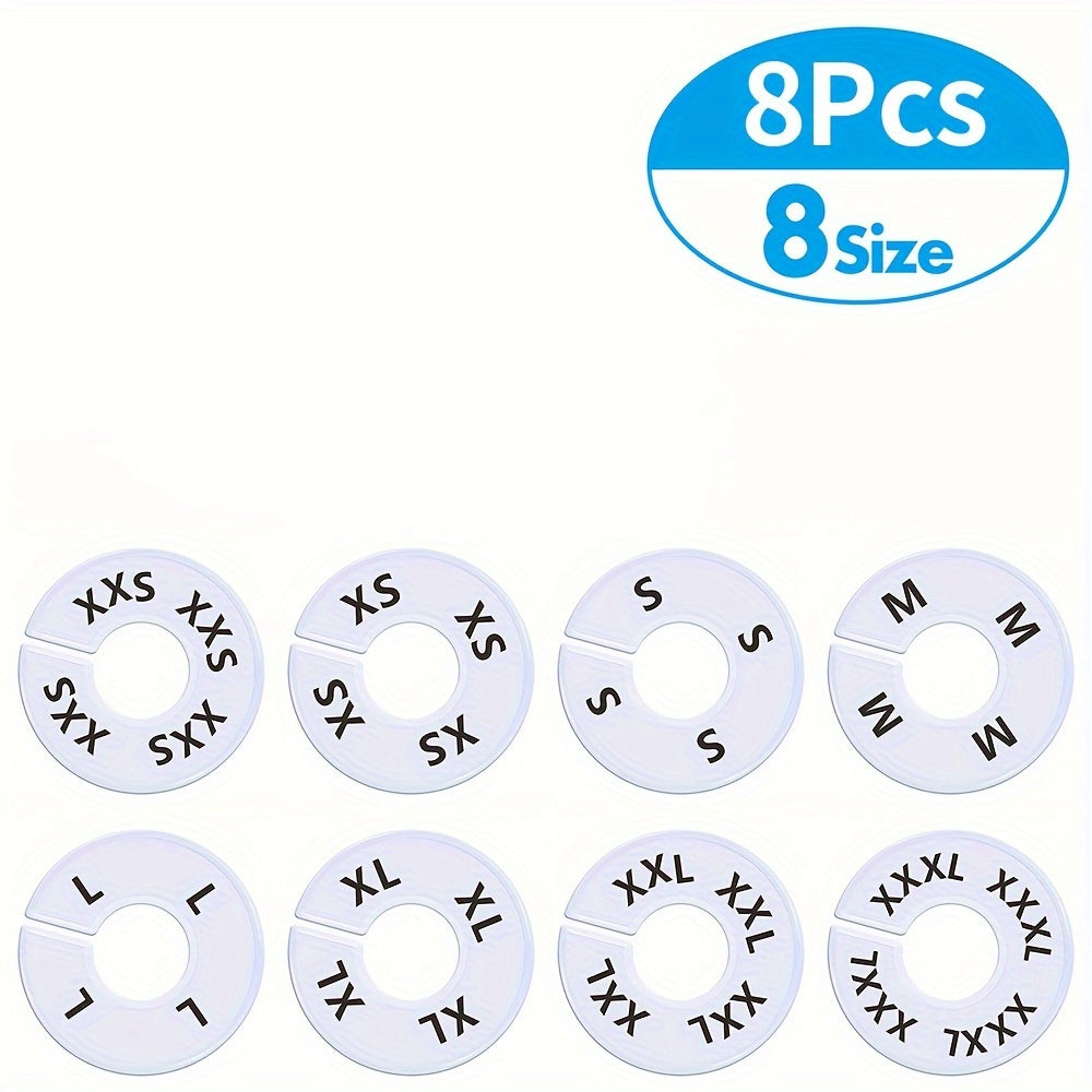 - Set of 8 or 40 Round White Plastic Clothing Size Closet Rack Dividers Hangers
- Preprinted with 8 sizes: XXS, XS, S, M, L, XL, XXL, XXXL
- Outer diameter: 3.5 inches, Inner diameter: 1.38 inches