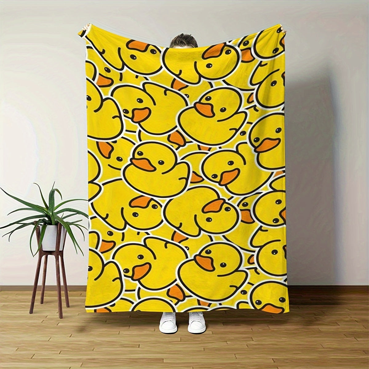 Yellow Duck Print Throw Blanket with a Contemporary Animal Theme - Made with All-Season Polyester Knit Fabric, Digital Print Perfect for Office Naps & Outdoor Use - Lightweight, Soft, and Cozy - Weighs 200-250 g/㎡