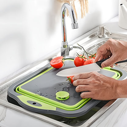 1 piece of a collapsible cutting board with a built-in colander, this multifunctional silicone folding chopping board also doubles as a dish tub basin and food strainer storage basket. Perfect for draining and washing vegetables and fruits in the kitchen