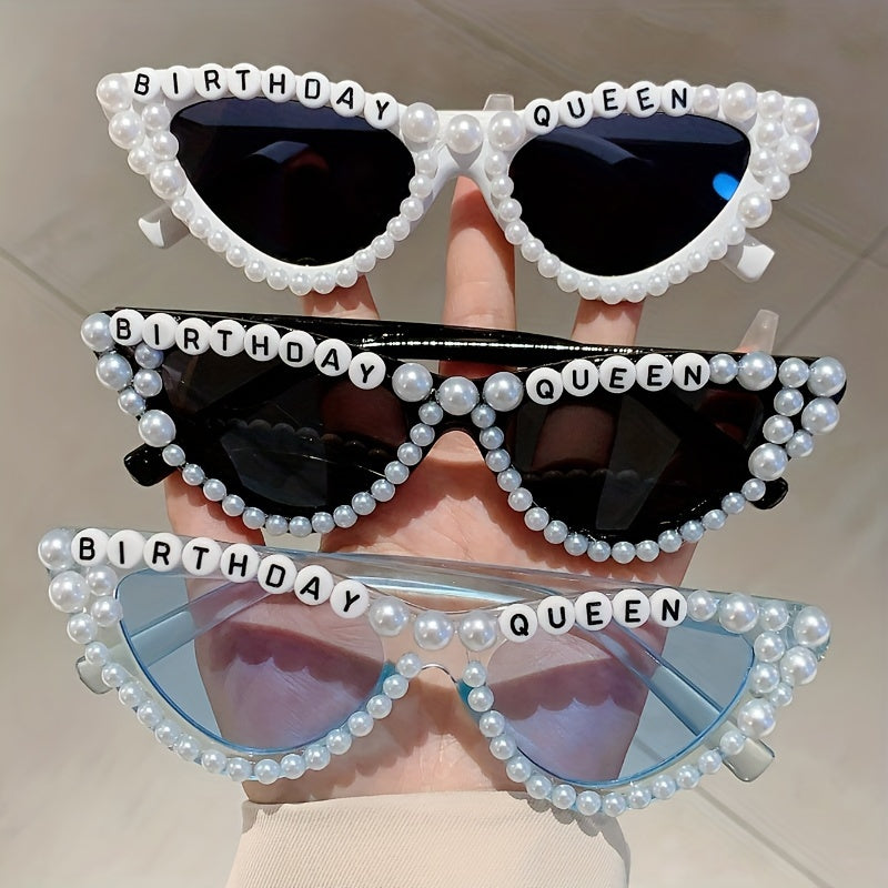 1 piece of 'Birthday Queen' Cat Eye Shaped Glasses featuring a fashionable solid color plastic frame adorned with artificial pearls. These glasses come with interchangeable lenses, making them perfect for climbing sports and birthday parties. With their