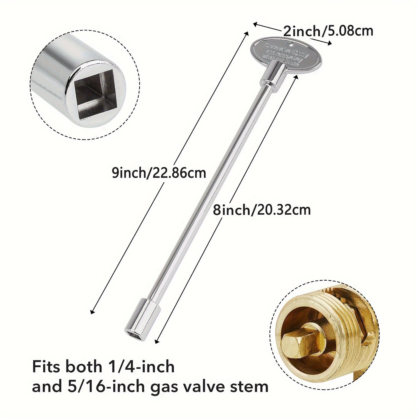 - Sleek 8-Inch Gas Fireplace Key in Polished Chrome Finish with D-Ring & Keychain
- Compatible with 1/4" & 5/16" Valve Stems, Ideal for Fire Pits and Fireplaces