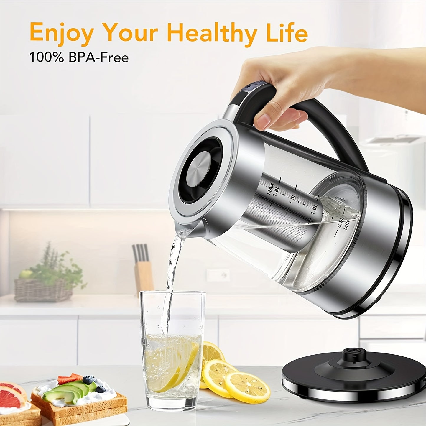 1 piece of a 1.8L Electric Glass Kettle with 12 temperature controls and up to 24 hours insulation. This electric kettle is suitable for making tea, coffee, and milk powder, and comes with a stainless steel strainer and inner lid. It can be used on a