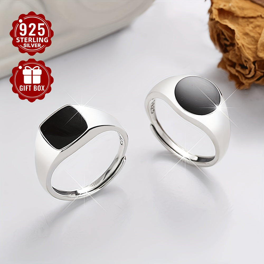 [Top Pick] Stylish S925 Sterling Silver Couple's Rings - Classic Black Enamel Band & Sleek Square Beveled Edge Ring, Perfect for Everyday Wear & Special Occasions, Comes with Gift Box, Timeless Design, Round Shape, Lightweight at 4.4g