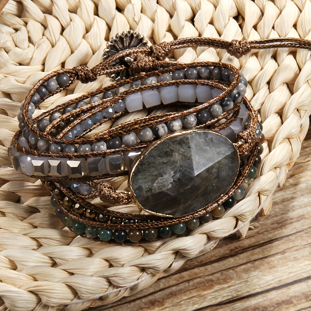 [Top Pick] Adjustable Bohemian Vacation Bracelet - 4mm Natural Stone & Glass Hematite Beads, Wax Rope Weave with Tiger Eye & Labradorite Accents, 5-Strand Design, Orange Heart, Peak, Gray Connection - Spring/Summer Collection