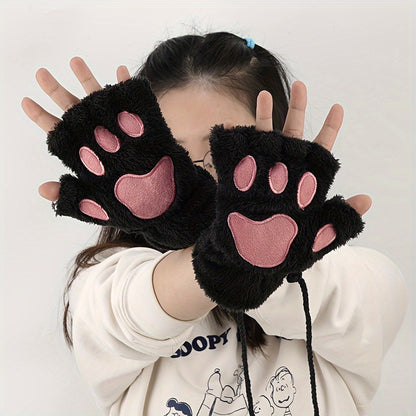 [Customer Favorite] Adorable Cozy Cat Paw Fingerless Gloves - Featuring a Cute Cartoon Design, Made with Soft Cotton Blend Material, Stay Warm and Stylish for Winter Casual Outings - Black with Pink Heart Details, Open Finger Design, Perfect for Girls