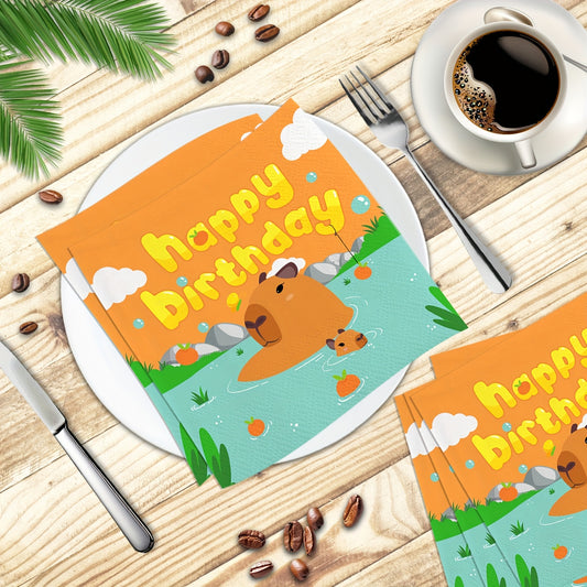 Set of 20 Capybara Party Napkins - Adorable Cartoon Orange Design, "Happy Birthday" Print, 3-Ply Durable Disposable Paper Napkins, Ideal for Kids' Birthday Parties and Showers