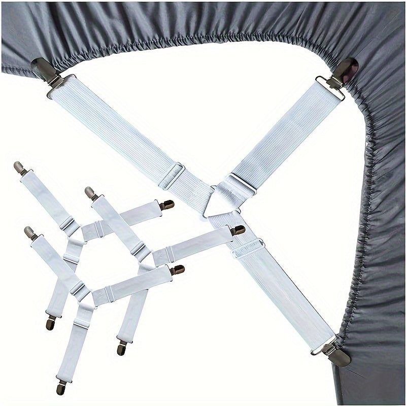 1 piece of bed sheet fixer strap with 4 pieces of fasteners. This adjustable triangle clip is designed to prevent bed sheets from slipping and ensures a secure fit.