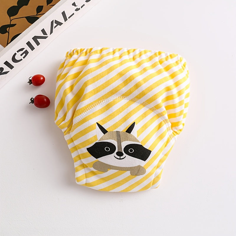 Yellow Striped Raccoon Printed Baby Cloth Diaper Cover - Waterproof, Washable, Reusable Training Pants with Snaps. Korean Style Soft, Breathable Muslin Nappy Wrap