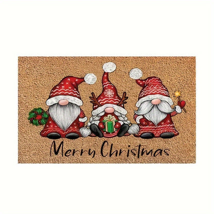 1 or 2 pieces of Christmas Gnome Welcome Doormat, designed for indoor and outdoor use. This washable low pile mat features non-slip rubber backing and is absorbent, making it suitable for use as a bath mat, RV mat, farmhouse kitchen rug, or in the