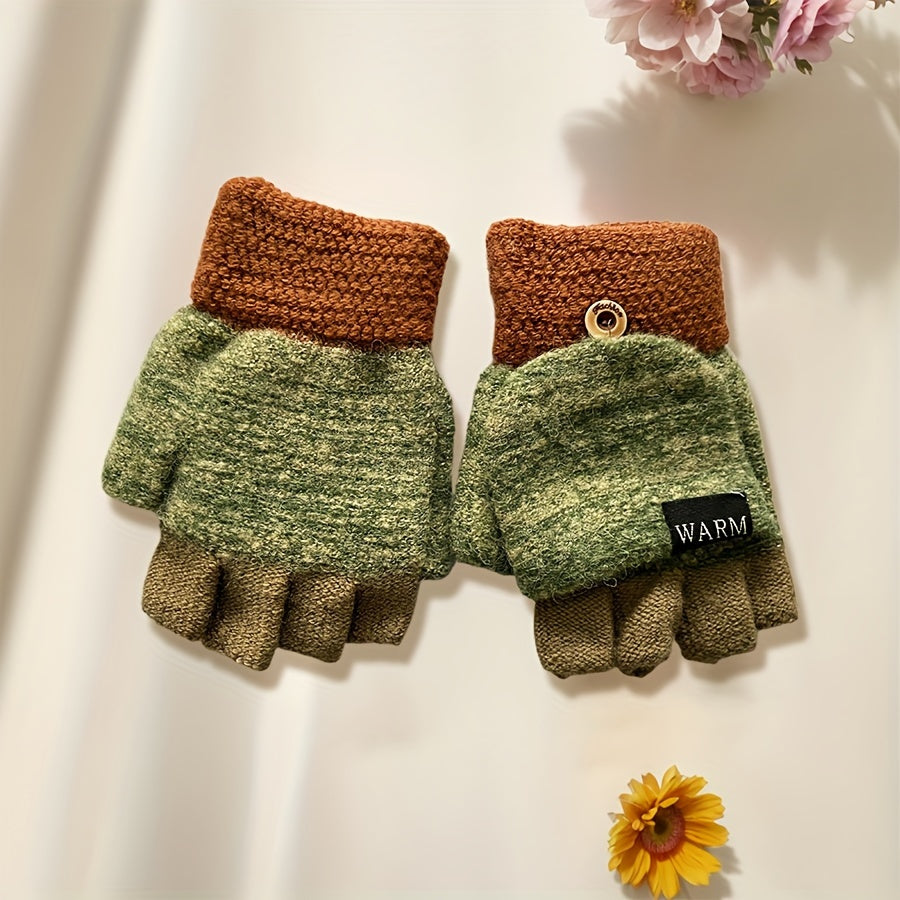 [Trendy Option] Convertible Knit Gloves for Women, Stylish Half-Finger Gloves with Flip Cover, Windproof and Cold Resistant, Made of Soft Cashmere in Solid Colors - Hand Washable, Ideal for Autumn and Winter, Flexible Fit