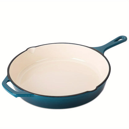 1 piece of cast iron fry pan with a pour spout, round in shape. This versatile fry pan is perfect for cooking on the stove or in the oven. With its enamel coating and heat-safe properties up to 400 degrees, this fry pan heats evenly and is a essential