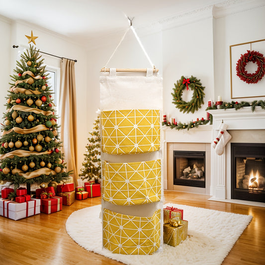 Yellow and white geometric pattern hanging organizer, perfect for bedroom decor. Ideal for storing underwear, socks, and accessories. Hand washable fabric wall door storage bag. Festive multi-layer design for efficient clothes organization and storage.