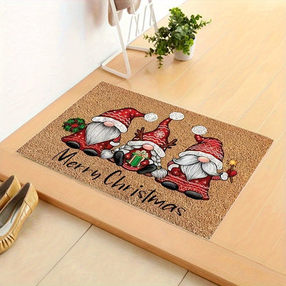 1 or 2 pieces of Christmas Gnome Welcome Doormat, designed for indoor and outdoor use. This washable low pile mat features non-slip rubber backing and is absorbent, making it suitable for use as a bath mat, RV mat, farmhouse kitchen rug, or in the