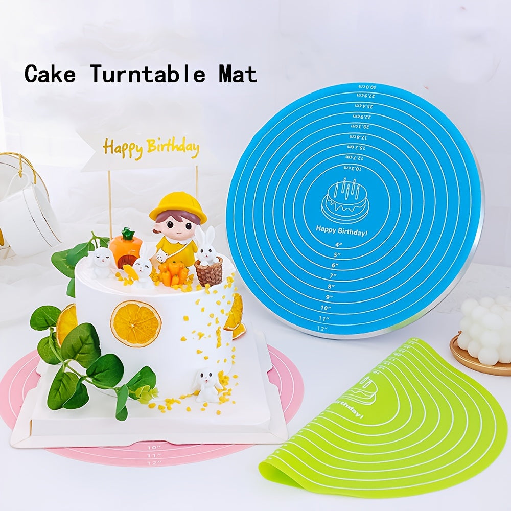 1 piece of 29.97cm Round Cake Turntable Mat made of Silicone. This multipurpose mat can be used as a Baking Mat, Scale Mat, Heat Insulation Mat, and Placemat. It is designed to be non-stick and non-slip, making it a perfect addition to your kitchen