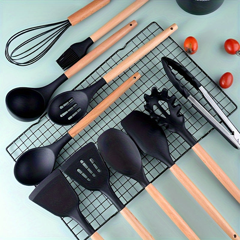 [Highly Rated] This 12-piece kitchen utensil set features silicone and wooden handle cookware that is perfect for all your cooking needs. These heat-resistant utensils are gentle on pots and pans and come with a convenient storage bucket for added