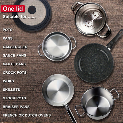 1 piece of a universal pot lid with a diameter of 33.02cm to 38.1cm. This lid is suitable for use with pots, pans, and skillets. It features a unique enlarged heat-resistant silicone rim and is made with tempered glass that is BPA-free.