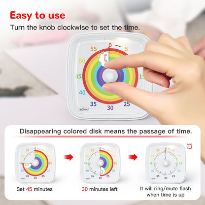 Yunbaoit 60-Minute Visual Countdown Timer with Night Light, made of durable plastic in Rainbow White color, perfect for use in the office, camping, and cooking. Requires AAA batteries (2x batteries not included) and is safe for non-food contact.