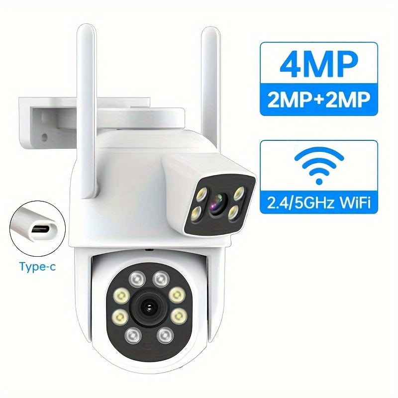 Zhxinsd 4MP WiFi Home Security Camera offers outdoor wireless connectivity, dual band support (2.4G/5GHz), color night vision, motion alerts with auto tracking, two-way audio communication, compatibility with TF & Cloud storage, pan-tilt functionality