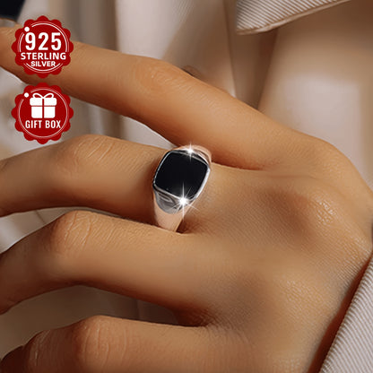 [Top Pick] Stylish S925 Sterling Silver Couple's Rings - Classic Black Enamel Band & Sleek Square Beveled Edge Ring, Perfect for Everyday Wear & Special Occasions, Comes with Gift Box, Timeless Design, Round Shape, Lightweight at 4.4g