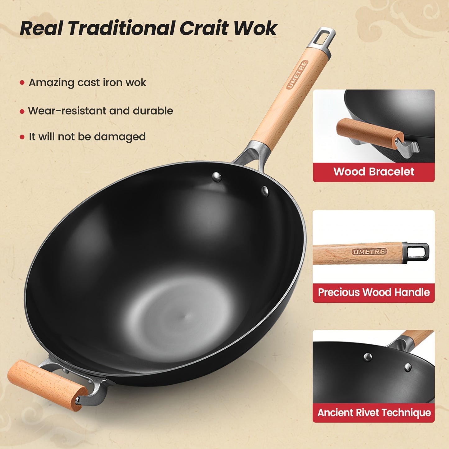 1 piece of a versatile cooking pan set including a cast iron omelette pan, uncoated iron cooking pan, Chinese wok, traditional Japanese pan, and black carbon steel pan. Suitable for use on electric, induction, and gas stoves.