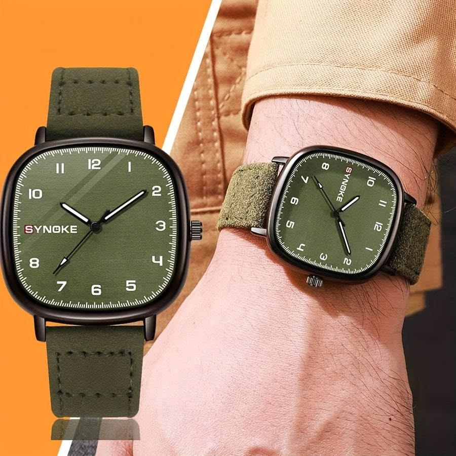 [Bestseller] Retro Army Green Men's Quartz Watch, Minimalistic Sports Design, Square Alloy Case, Synthetic Leather Strap, Not Waterproof, Quartz Movement, Basic Sports Style, Square Alloy Case, Synthetic Leather Strap