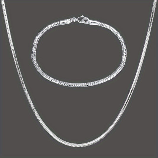 "Fashionable Sterling Silver Jewelry Set with 3mm Snake Chain Necklace and Bracelet, Perfect Gift Choice for Accessories