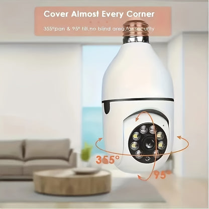 YIIYRY E27 Motion Detection Bulb Camera offers a 360° Panoramic View, Two-Way Audio, 480p HD Resolution, Wi-Fi Connectivity, Hardwired Connection, Tablet Compatibility, and is ideal for Home Security, suitable for individuals aged 14 and above.