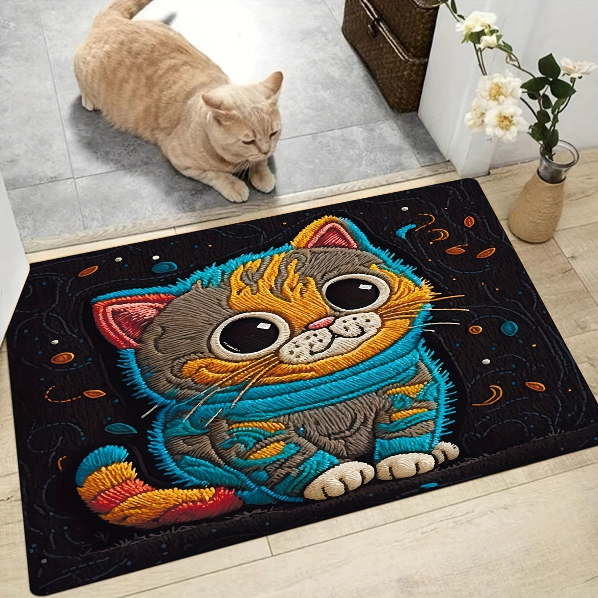 [Top Pick] Adorable Cartoon Cat Plush 8mm Indoor Rug - Easy to Clean, Ideal for Bathroom, Kitchen, Living Room & Bedroom