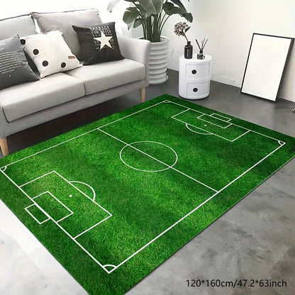 1 piece of a non-slip soft carpet floor mat designed as a soccer field football stadium, featuring green grass with painted lines for sports play. Can be used indoors or outdoors as a runner rug or yoga mat to add a sporty touch to home decor.