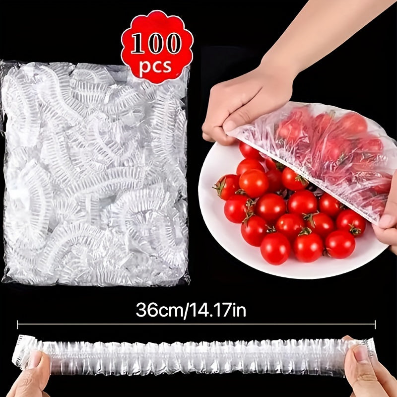 1 PACK of 100 Colorful Plastic Wrap Covers - Food Grade PE Film Bags, Bowl Covers, Elastic Covers for Leftover Food, Disposable Bowl Covers - Kitchen Supplies to Keep Food Fresh and Secure