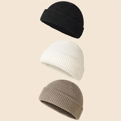 [Customer Favorite] Set of 3 Stylish Solid Color Knit Beanie Hats - Made with 100% Acrylic, Featuring Ribbed Cuffs, Stretchy & Soft Skull Caps in Classic Black, White, & Gray. Perfect for adding a touch of personality to your style!