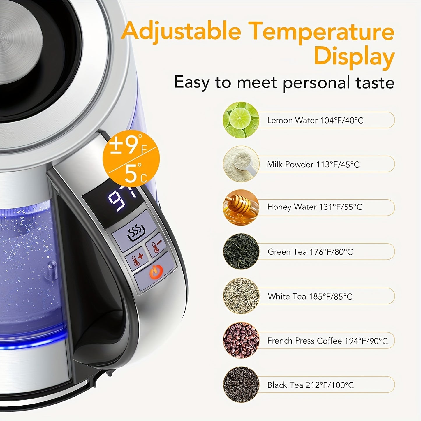 1 piece of a 1.8L Electric Glass Kettle with 12 temperature controls and up to 24 hours insulation. This electric kettle is suitable for making tea, coffee, and milk powder, and comes with a stainless steel strainer and inner lid. It can be used on a