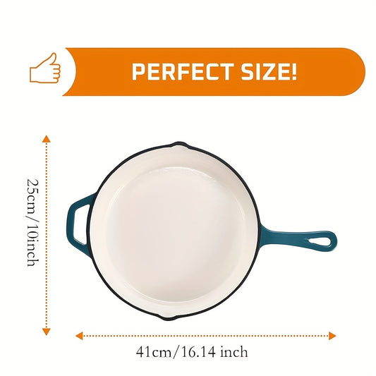 1 piece of cast iron fry pan with a pour spout, round in shape. This versatile fry pan is perfect for cooking on the stove or in the oven. With its enamel coating and heat-safe properties up to 400 degrees, this fry pan heats evenly and is a essential