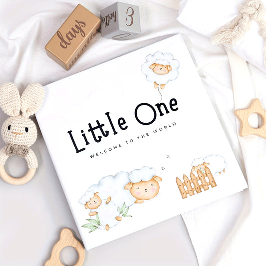 Year One Commemorative Book for Youngsters feat. Little Sheep Model, Inner Pages with Double-Sided Tape & Hidden Coil Hardcover, Copper Plate Black Golden Cover, includes 12 Months Milestone Stickers & Special Paper. Perfect for New Mom & Boy and Girl