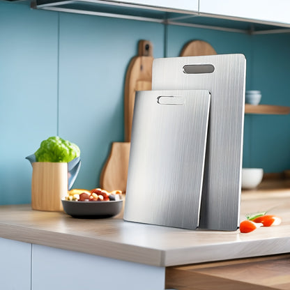 1 piece of a chopping board made of 304 stainless steel, suitable for cutting fruits, vegetables, and meat. It is ideal for use in home kitchens, camping, and offers portability and convenience. A must-have in your kitchen as a gadget and accessory.